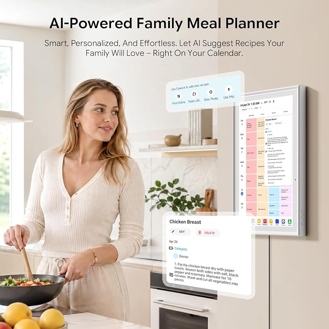 15.6" 1080P HD Digital Calendar&Photo Frame, Auto-Sync to iCloud&Google&Outlook, Touchscreen Wall Planner, Chore Chart, To-Do&AI Meal Planner, No Subscription, Wall/Desk Mount, Gift for Mom