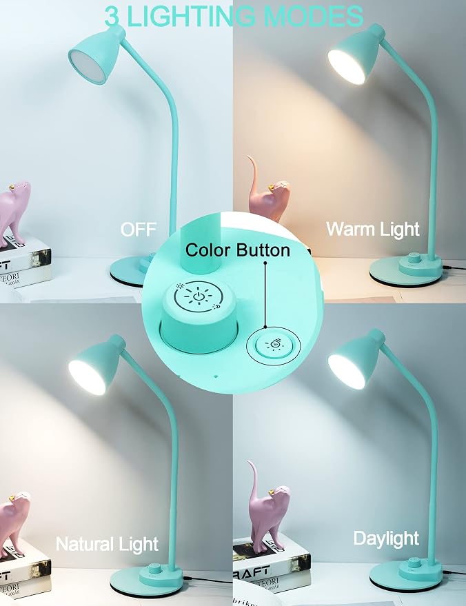 BOHON LED Desk Lamp with USB Charging Port, 3 Color Modes Dimmable, Teal | Reading Lamp, Auto Dimming Task Lamp, Flexible Neck Table Light for Office Dorm Bedside, Adapter Include