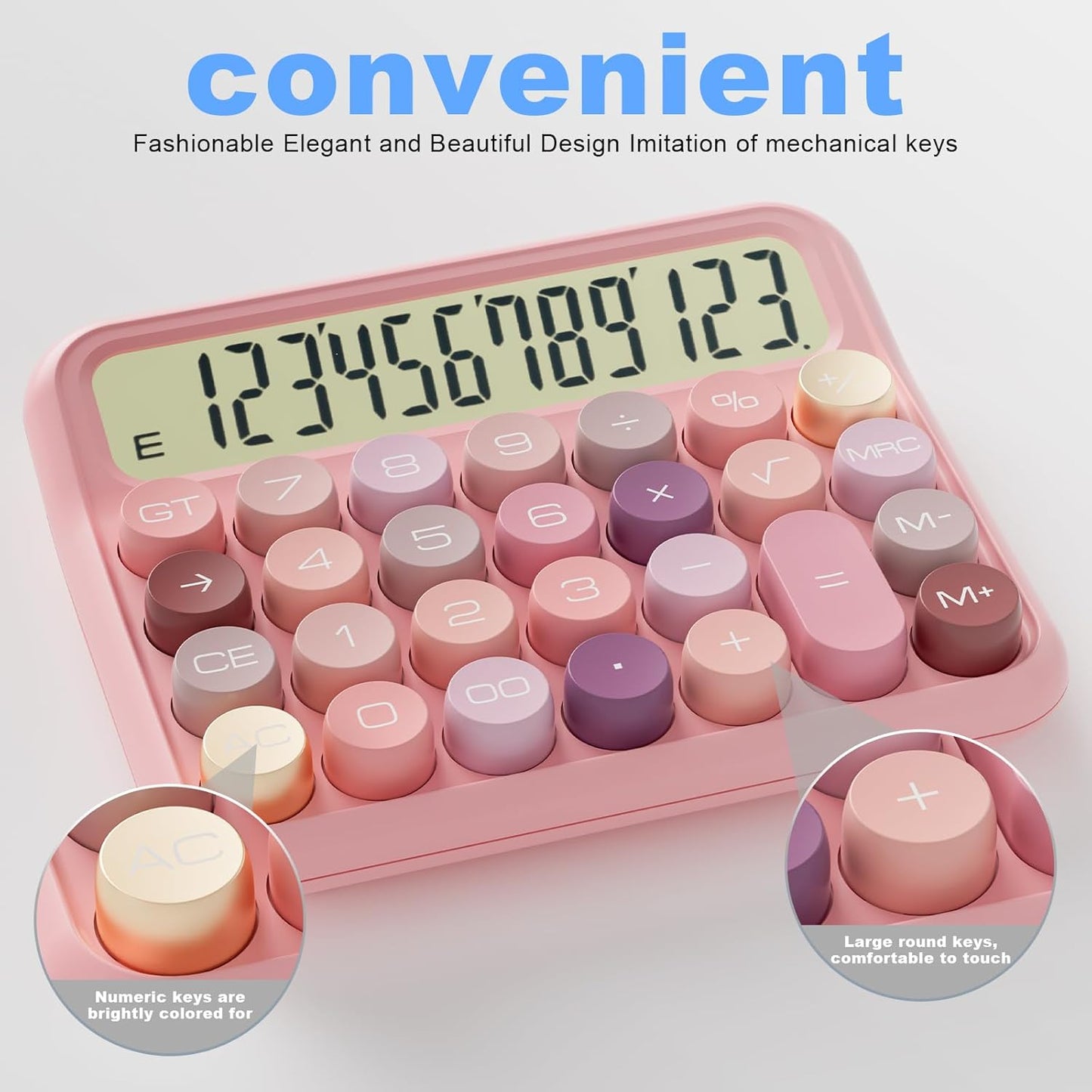 Mechanical Calculator 12 Digit Extra Large 5-Inch LCD Display, DECKLIT Battery Desk Calculator, Big Buttons Easy to Press Office Calculators Desktop, 15°Tilt Screen for Kids Calculator(Colourful)