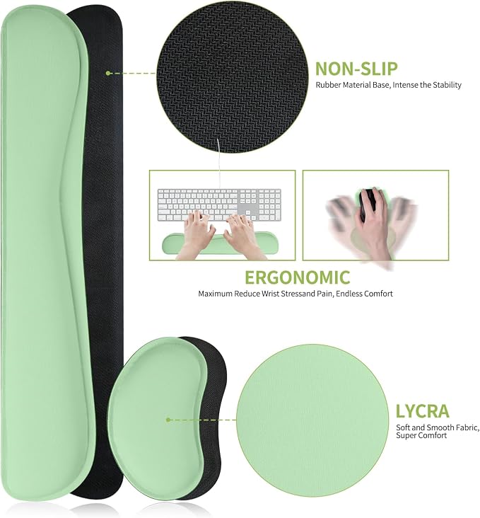 Mouse Pad and Keyboard Wrist Rest, 3-in-1 Keyboard and Mouse Pad | 31.5" x 15.7" Green Desk Mat Set, Ergonomic Wrist Rest for Computer Keyboard, Non-slip Base, Waterproof Computer Mat