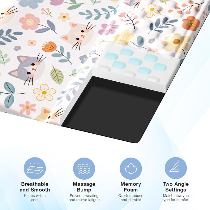 Ospelelf Keyboard Wrist Rest and Mouse Pad Set, Ergonomic Memory Foam Wrist Support, Aesthetic Desk Accessories for Office, Home & Gaming, Relief for Carpal Tunnel & Wrist Pain,Floral Cat