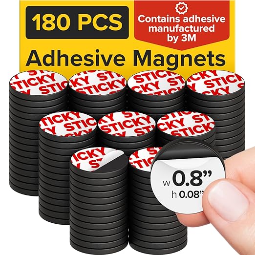 Sticky Flexible Adhesive Magnets for Crafts, 0.8"x0.08" (20x2mm), 180 pcs | Flexible Sticky Magnetic Dots for Office & School Supplies, Whiteboard, Crafts, Fridge, School Projects & Classroom Decor