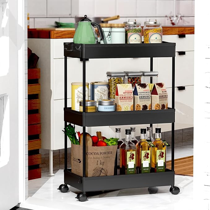 SPACEKEEPER 3 Tier Rolling Cart, Bathroom Cart Organizer with Wheels, Black | Mobile Storage Cart for Laundry Room Organization,Kitchen,Office,Bathroom, Utility Cart for Snack,Craft,Art,Makeup,Nail,Toys