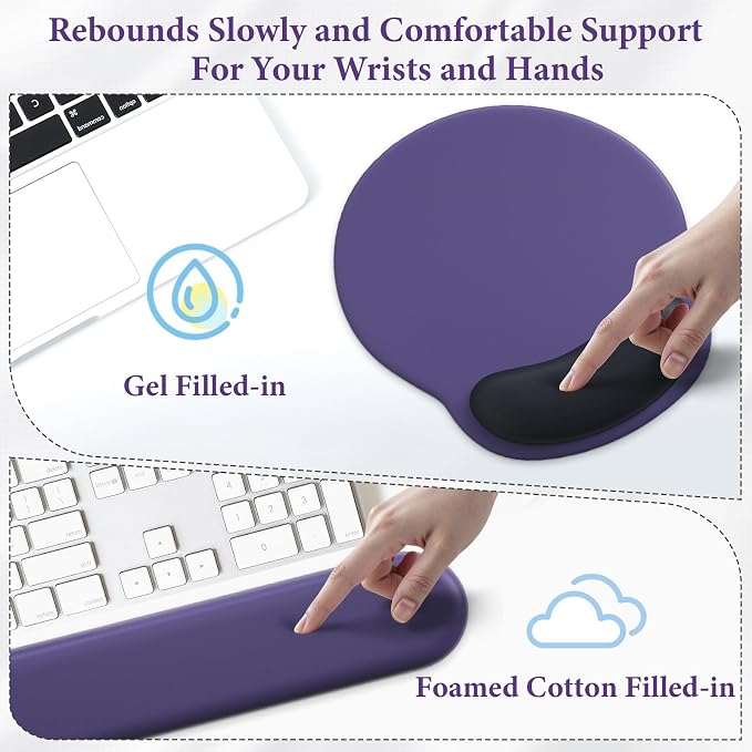 3 in 1 Ergonomic Mouse Pad and Keyboard Wrist Rest with Coaster Set-Purple | Cute Large Mousepad with Gel Wrist Support for Gaming Computer Laptop Women Office Home Desk Decor