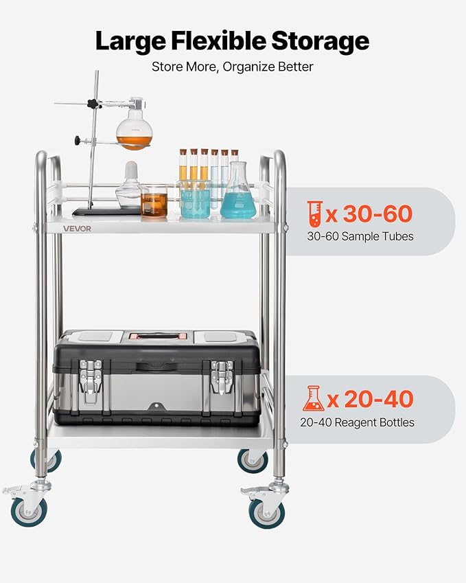 VEVOR Stainless Steel Rolling Cart, 2-Tier Metal Utility Cart with Lockable Wheels, Medical Serving Trolley Clinic Tray, Mobile Service Cart for Hospital, Lab, Restaurant, Kitchen, Salon