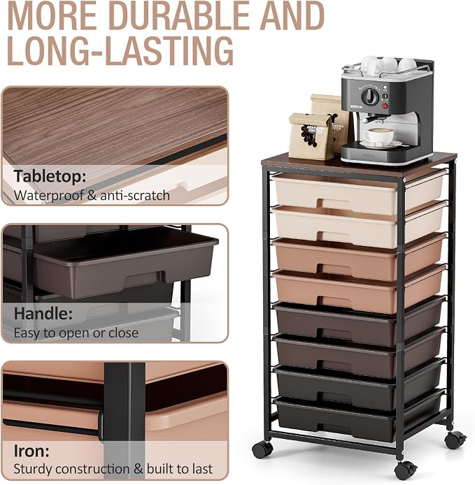 TOOLF Rolling Storage Cart with 8 Drawers,Brown | Utility Cart on Wheels with Wooden Tabletop,Teacher Organization for Classroom, Art Cart for Office,Bedroom,Craft Room