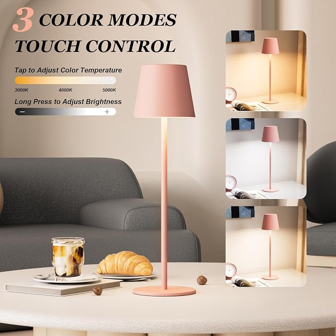 Kakanuo Cordless Table Lamp Rechargeable Pink - KK 2 Pack 5000mAH Battery Operated Lamp for Counter, 3 Color Stepless Dimming Wireless Lamp for Dining Kitchen, Outdoor Patio, Touch Control