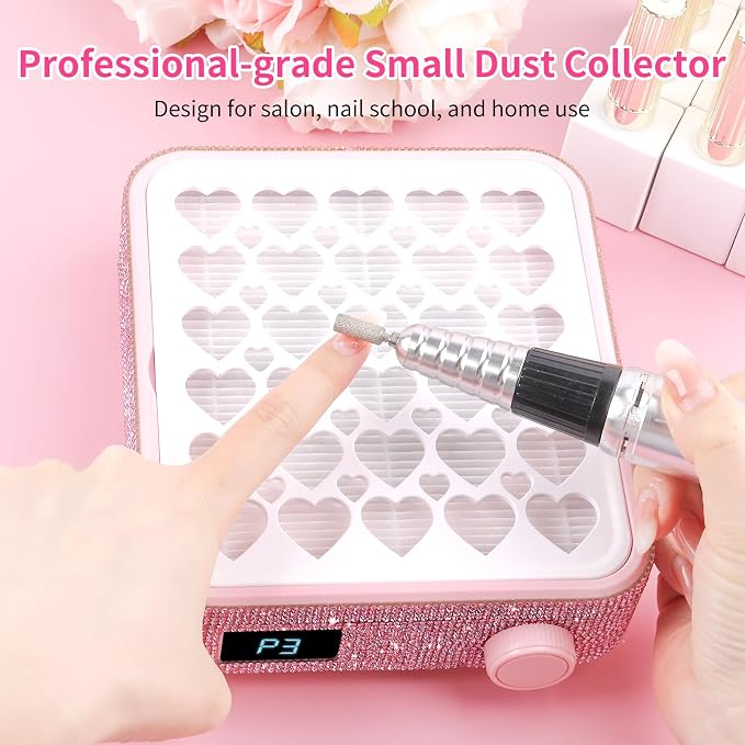 BQAN Portable Nail Dust Collector with 4200RPM Fan Pink Rhinestones | 10pcs Filter Papers Include & Nail Brush | Strong Suction | Adjustable Speed | For Acrylic & Gel | Professional & Home Use