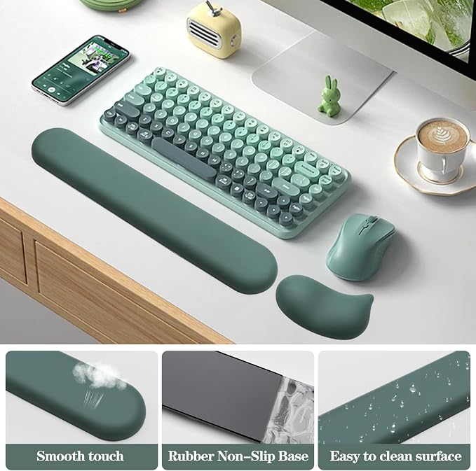 Ergonomic Wrist Rest for Computer Keyboard and Mouse Set with Wrist Support | Leather Memory Foam Mouse Pad Rests for Pain Relief, Non-Slip, Desk Wrist Pad for Office Home (Green)
