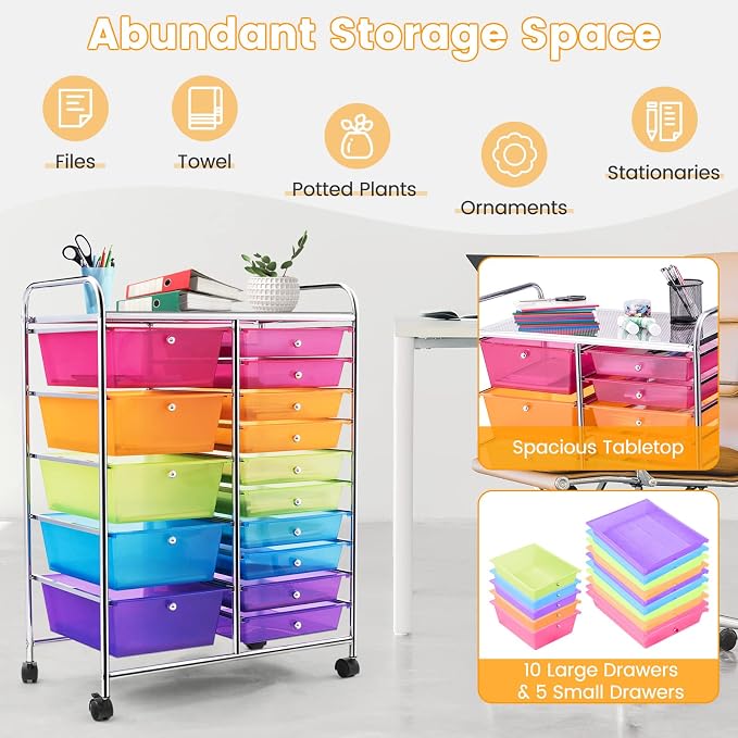 GLACER 15 Drawers Rolling Storage Cart, Steel Frame Craft Organizer Cart | Utility Cart w/Lockable Wheels & Sleek Handle, Mobile Art & Tool Supply Trolley for Teacher, Home, School, Office (Rainbow)