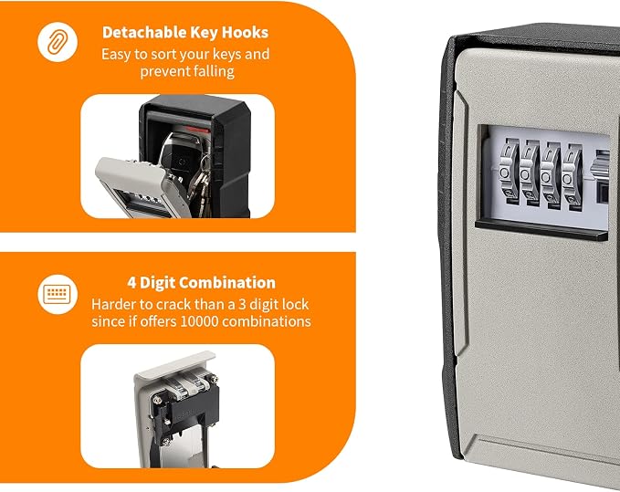 UPGRADE Extra Large Capacity Key Lock Box, Weatherproof Wall Mount Key Box for Car Keys, Fob, House Keys, Key Safe Security Storage Lock Box for Indoor, Outdoor, Garage, Garden, Store (1, Grey)