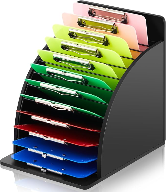 Wonderjune 1 Pack Clipboard Holder Wooden Metal Clipboards Storage Rack with Raised Side Panel, Back to School Supply for Classroom Office School Teacher, Clip Boards Not Included(Black)