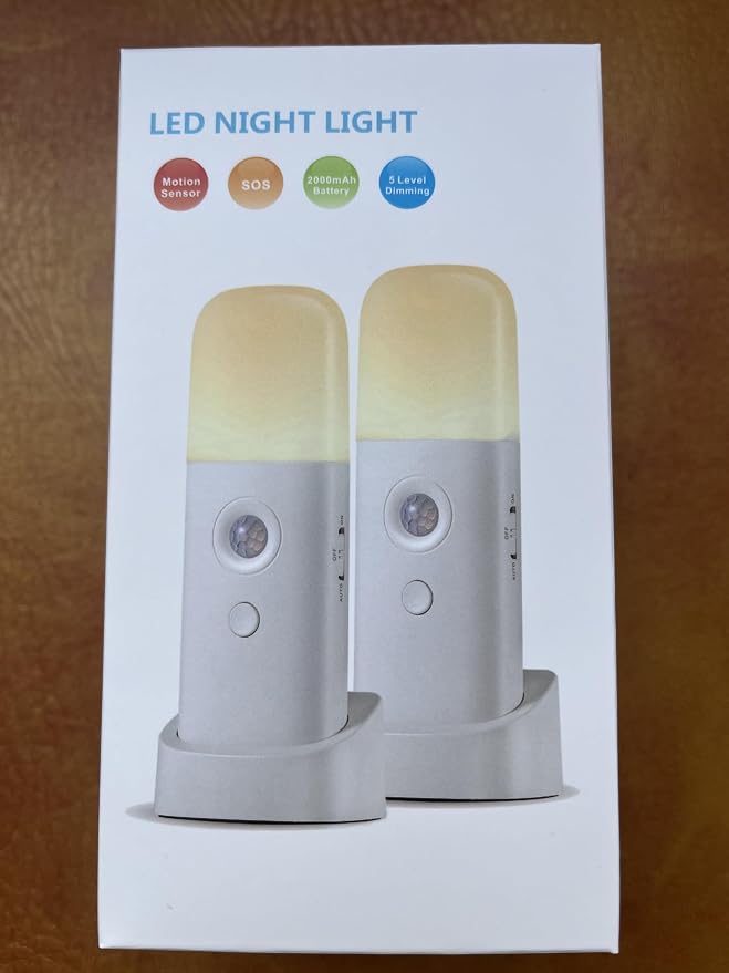 YELKO Motion Sensor Night Light, 2000mAh Rechargeable Night Lights Battery Powered, Portable Dimmable Nightlights with 5 Brightness Levels for Kids,Adults(Cool White 2Pack)