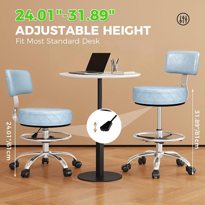 Office Drafting Chair with Footrest, Tall Height Adjustable Stool with Back Support, Heavy Duty Rolling Stool Chair with Wheels for Office Home Kitchen Bar Shop Guitar Studio Vanity, Dusty Blue