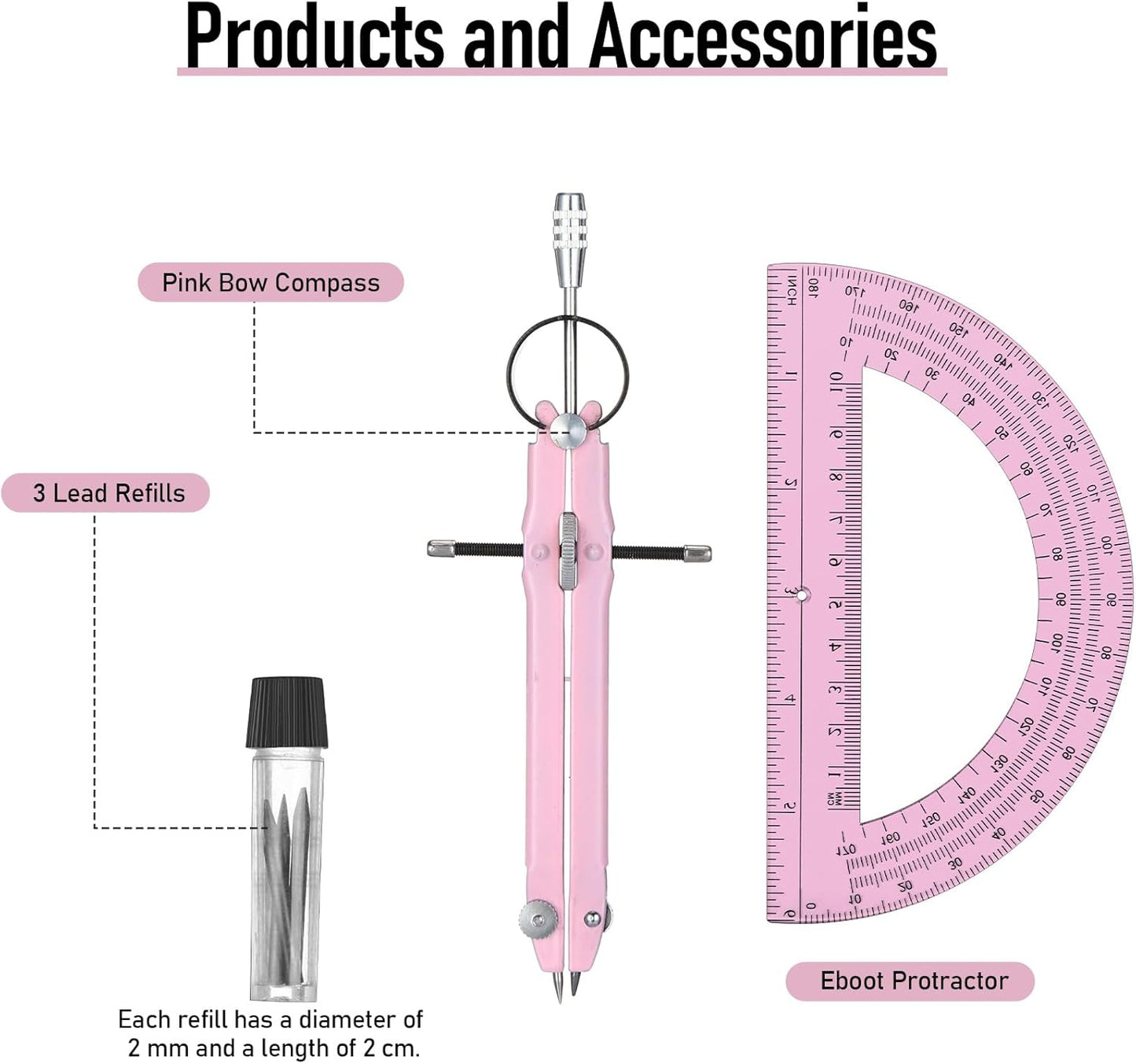EBOOT Student Geometry Math Set, Drawing Compass and 6 Inch Clear Swing Arm Protractors 180 Degree Math Protractor(Pink and Pink)