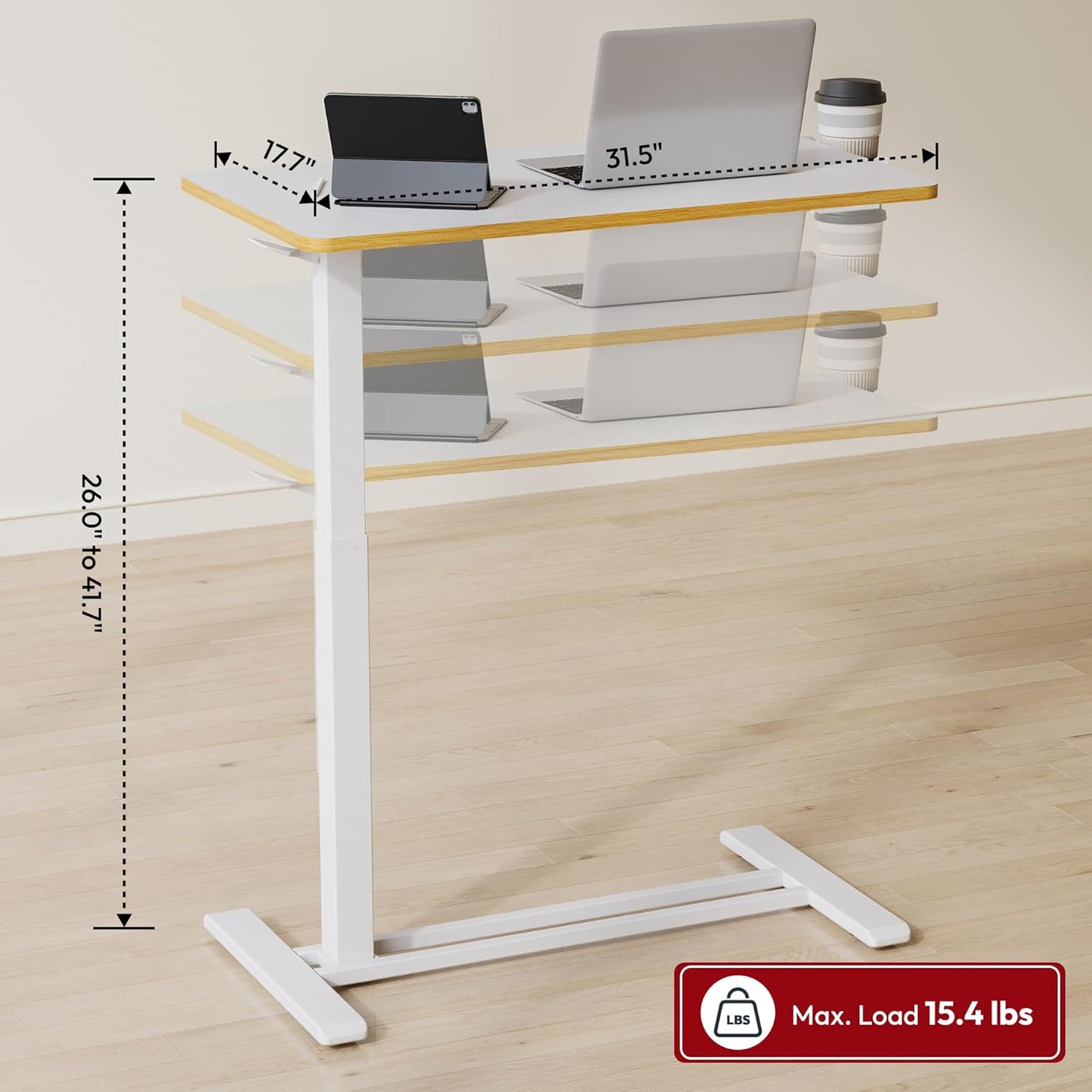 SANODESK Mobile Standing Desk with Hidden Wheels,Pneumatic Laptop Desk Rolling Computer Cart Movable Height Adjustable Small Sit Stand Desk for Home Office(31.5" W x 17.7" D, White+Maple Band)