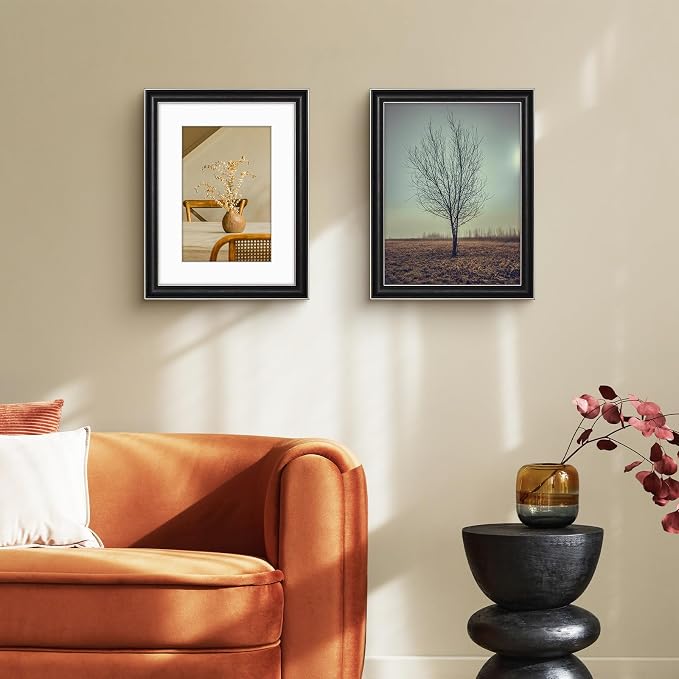 Golden State Art, 12x16 Silver Trim Black Frame - White Mat for 8x12 Photo - Vintage Antique Style - Brushed Texture Finish - Wall Mounting - Portrait/Landscape - Tempered Glass
