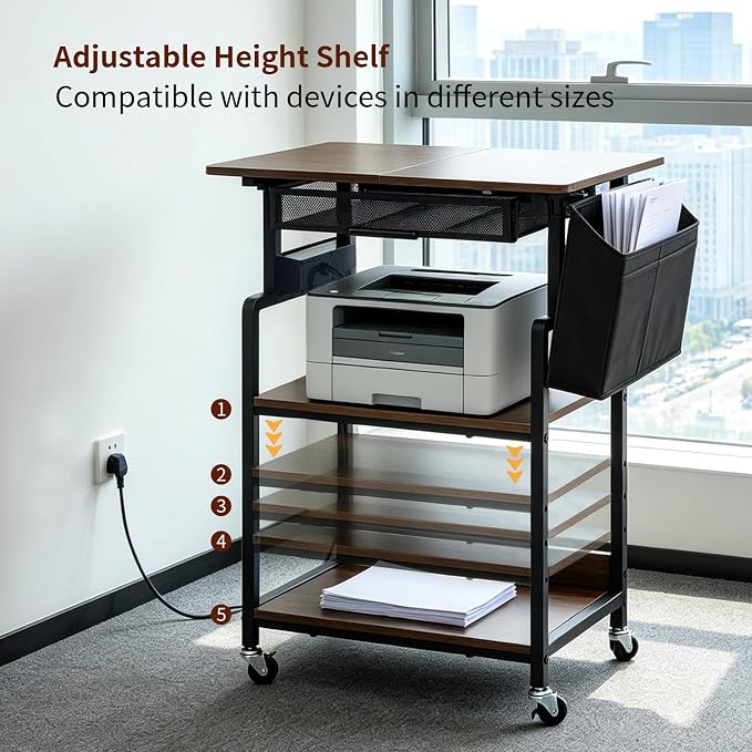 Printer Stand, 3-Tier Rolling Printer Cart with Storage Shelf, Drawers | With Power Outlet, Usb-C, Filing Pockets, Table Desk Organizer For Office Home, Printer, Scanner, Fax, microwave ovens