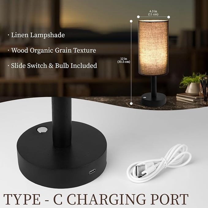 LALISU Small Table Lamp Nightstand Lamp Linen Lampshade Bedroom Wood Base Small Bedside Lamp for Night Stands, Desk Lamps for Reading Living Room, Office (LED Bulb Included) (Black and Cordless)