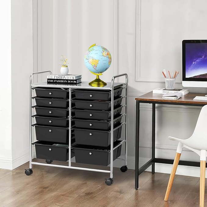 COSTWAY 12-Drawer Rolling Storage Cart, Moveable Art Craft Organizer | Lockable Wheels, Metal Shelf, Files Arrangement Tools Makeup Storage Cart for Office, Home, School (Black)