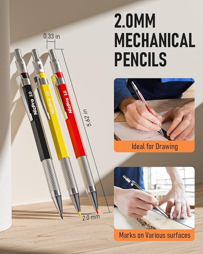 Nicpro 16 Pack Mechanical Carpenter Pencil Set with 42 Refill & Scribe Tool | Heavy Duty Construction Pencils, Comfortable Grip Woodworking Pencils for Architect Marking