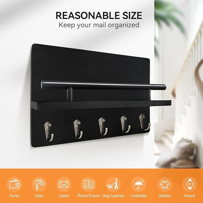 Key Holder Wall Mount with Shelf & 5 Sturdy Hooks, Rustic | Mail Organizer Hanging Dog Leash, Glasses, Wooden Key Hanger with Mounting Hardware