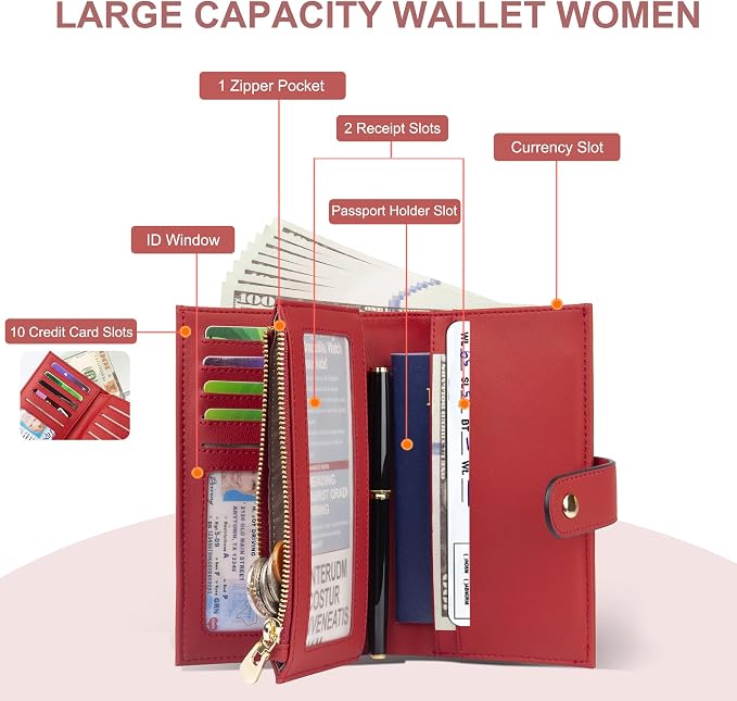 yiijay Womens Wallet RFID Blocking Leather Trifold Clutch Wallet Credit Card Holder Ladies Travel Wallet Purse with Passport/Pen Holder