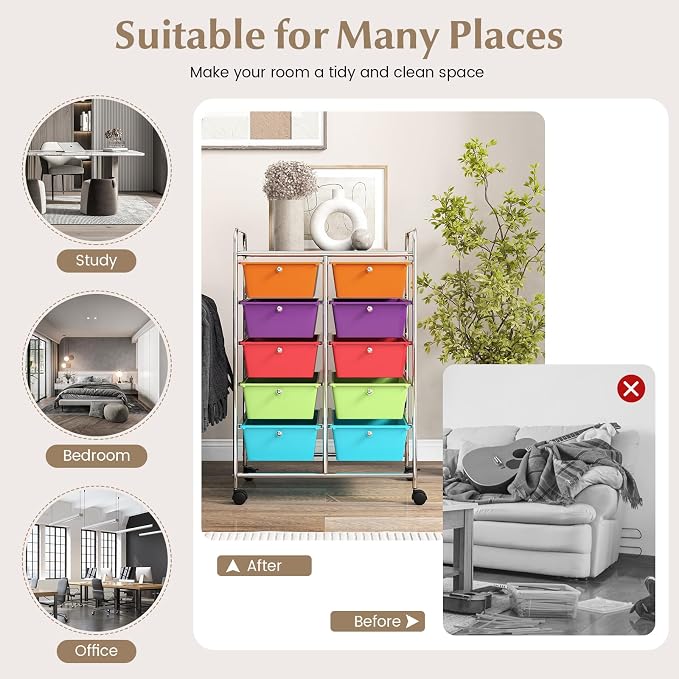 RELAX4LIFE Rolling Storage Cart with 10 Drawers - Craft Storage Cart with Lockable Wheels,Utility Cart, Art Cart Organizer for Crafting Storage, Studio, Office, Home, School Rolling Drawer Cart