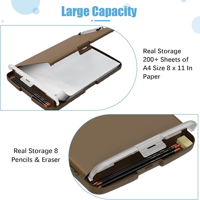 Hongri Clipboard with Storage with Pencil Case, 8.5 x 11 Storage Clip Board | High Capacity Organization Box for A4 Letter Legal Paper, Heavy Duty Folio & Side-Opening for Nurses, Teachers, Brown
