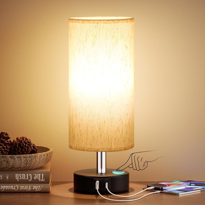 Small Table Lamp for Bedroom - Touch Control Lamp with 3 Way Dimmable | LED Bulb Included | USB C and A Ports | Cream Shade and Black Base | Bedside Lamp for Nightstand