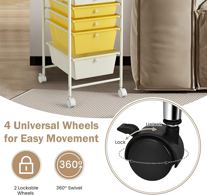 COSTWAY 6-Drawer Rolling Storage Cart, Art Craft Tools Organizer on Wheels | Multifunctional Heavy Duty Utility Mobile Storage Trolley w/ 2 Lockable Wheels for Home Office School (Yellow, Beige & Grey)