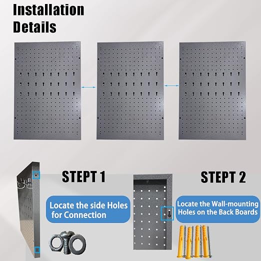 Metal Pegboard Wall Organizer 3 Packs Metal Pegboard Kit with 115 PCS Hooks Pegboard Panels Tool Organizer for Garage,Warehouse,