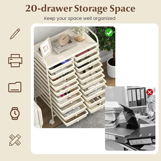 COSTWAY 20-Drawer Rolling Storage Cart, Utility Storage Organizer Cart | For Tools, Scrapbook, Paper, Craft, Multipurpose Storage Trolley on Wheels for Home Office School (Ivory White)