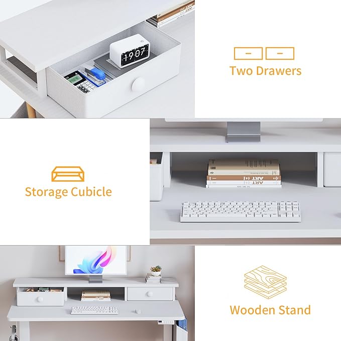 White Electric Standing Desk with Drawers - 40 Inch Small Standing Desk with Shelf Monitor Stand Storage Height Adjustable for Home Office, Study Writing Girls Computer Sit Stand Desks for Bedroom