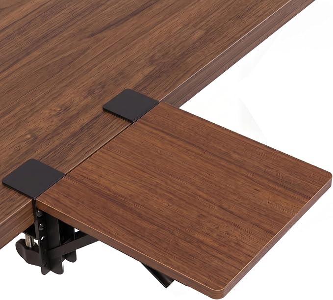 BONTEC Ergonomic Desk Extender Tray, 9.5"x9.1" Table Mount Arm Wrist Rest Shelf, 90° Foldable Elbow Support, Clamp on Computer Arm Rest for Desk, Office & Home Use, Durable & Easy to Install, Walnut
