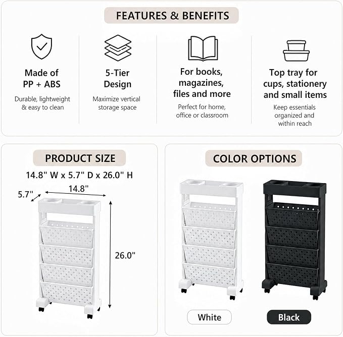 BYFU 5-Tier Movable Bookshelf Cart, 26.0" H, White | Rolling Wheels, File Paper Storage Organizer, Mobile Bookcase, For Home Office Study Classroom