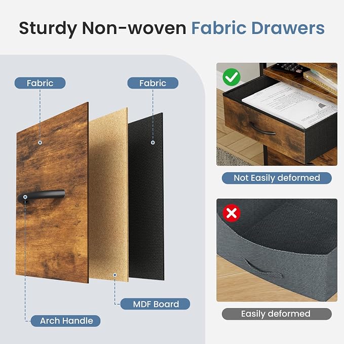 DUMOS 2 Drawer Mobile File Cabinet, Printer Stand with 24'' Wide Desktop | Fabric Drawer Cabinet Under Desk with Storage Side Bag,Rolling Printer Cart Not for Hanging Files for Home Office, Brown