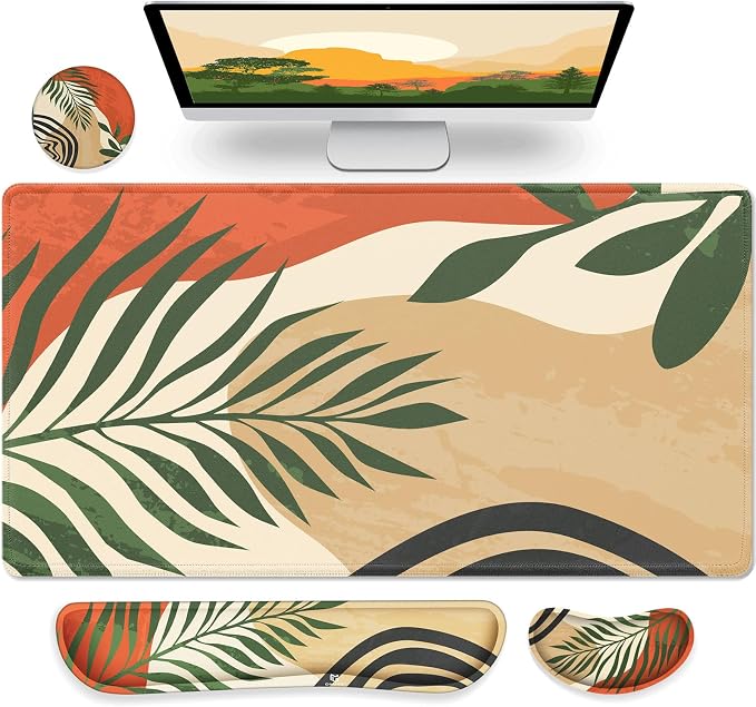 Gimars 4 in 1 Mouse Pad and Keyboard Wrist Rest Set, Large Mouse Pad with Memory Foam Wrist Support Pad for Desk with Coaster, Easy Typing Pain Relief, Gaming Office Home 31.5x12 in, Morandi Orange