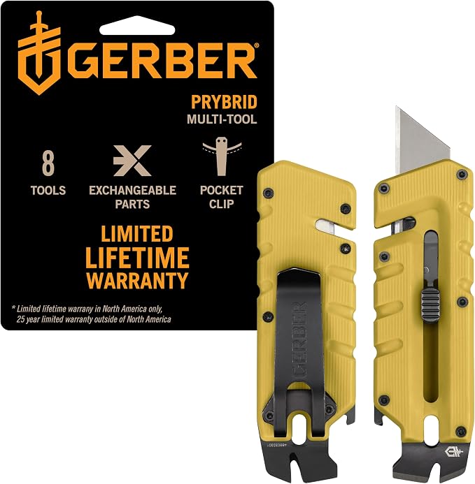 Gerber Prybrid EDC Pocket Knife Multitool 8-in-1 Box Cutter, Mustard | Retractable utility box cutter blade, built-in pry bar, compact EDC multitool, everyday carry knife