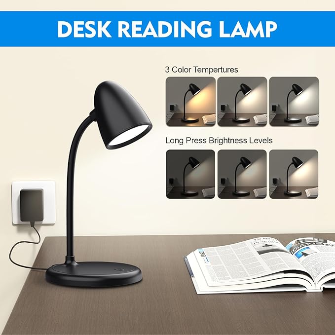 LED Desk Lamp for Home Office,Dimmable Table Lamp 3 Light Colors | Reading Light for Bedside Small Desk Lamp for College Dorm Room,Bedroom Desk Light,Black
