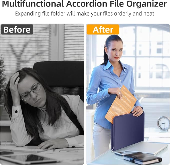 Fireproof Accordion File Organizer, Expanding File Folder with 13 Pockets | Portable Document Organizer with Waterproof Zipper & Labels, File Organizer for Important Document/Paper Storage, Blue