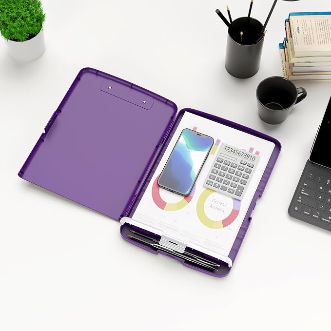 Hongri Clipboard with Storage with Pencil Case, 8.5 x 11 Storage Clip Board | High Capacity Organization Box for A4 Letter Legal Paper, Heavy Duty Folio & Side-Opening for Nurses, Teachers, Dark purple