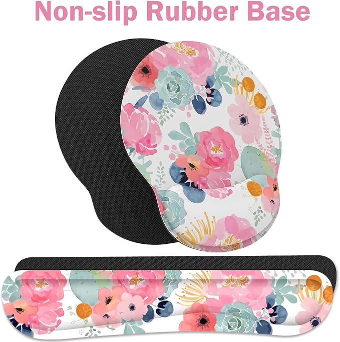 Ergonomic Mouse Pad with Wrist Rest and Keyboard Wrist Rest, Mousepad | Memory Foam Wrist Rest for Computer Keyboard, Pain Relief, Non-Slip Base, Pink Mouse Pad Wrist Support for Gaming, Flower
