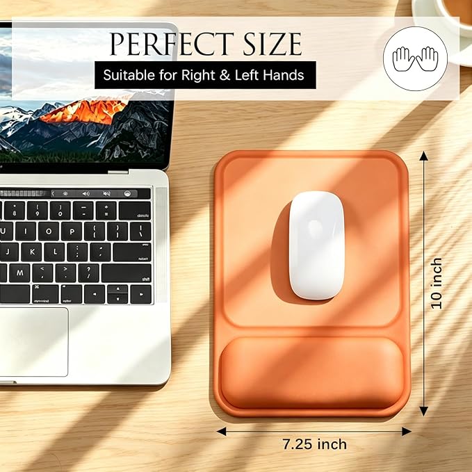 JIKIOU Ergonomic Mouse Pad with Gel Wrist Rest, 10 x 7.25 in, Orange | 40% Larger Rectangular Design-No More Hitting Edges Mid-glide, Savior of Pain Relief, Smooth Lycra Surface, Non-Slip PU Base