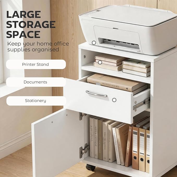 HOMCOM Mobile Storage Cabinet Organizer, Bathroom Drawer Cabinet, White | Printer Stand, Castors