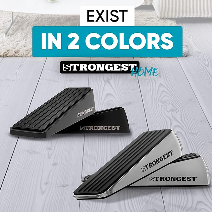 STRONGEST HOME Stoppers for Bottom of Door – Heavy Duty Metal Rubber Door Stopper, Non-Slip Door Stop for Heavy Doors, Works on Wood, Tile & Carpet Floors Wedge Chrome 6 PCs + 6 White Wall Protectors