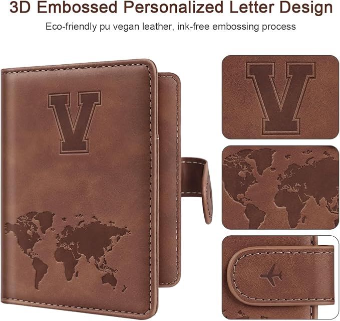 Passport Holder Wallet Cover Personalized Initial Travel Essentials | Embossed Letter A-Z Design, Travel Wallets, RFID Blocking, Passport Book Holders, Women Men, Personalized Gifts, Brown-V