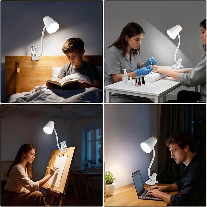 EJIAXIN Clip on Desk Lamp for Home Office - Small LED Touch Dimmable Reading Light for College Dorm Room - Adjustable Flexible Gooseneck Clamp Light Table Lamp for Bedside Bedroom Bed Headboard White