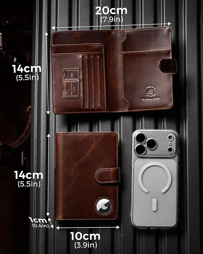 Passport Holder for Travel: Full Grain Leather Passport Cover with Airtag Holder Magnetic Buckle for Men - RFID Blocking Bifold Wallet for Air Ticket Card Cash Coin (Brown)