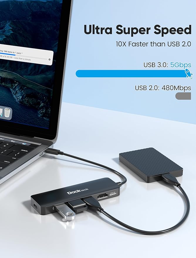 USB C HUB 4K 60Hz, Dockteck USB-C Multiport Adapter 5-in-1 with 4K HDMI, 100W Power Delivery, 3 USB 3.0 Data Port for MacBook Pro/Air M1 2020, iPad Pro 2021, iPad Mini 6, Surface Pro and More